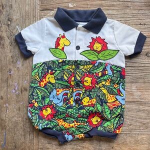 Vintage Deadstock Nannette Navy Trim Polo Romper with Jungle Print - 12m